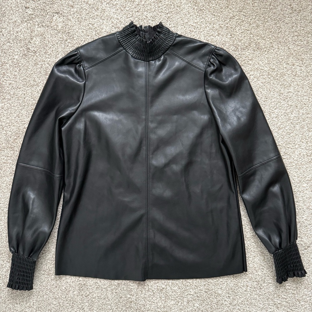Black Faux Leather Top with Ruffled Collar